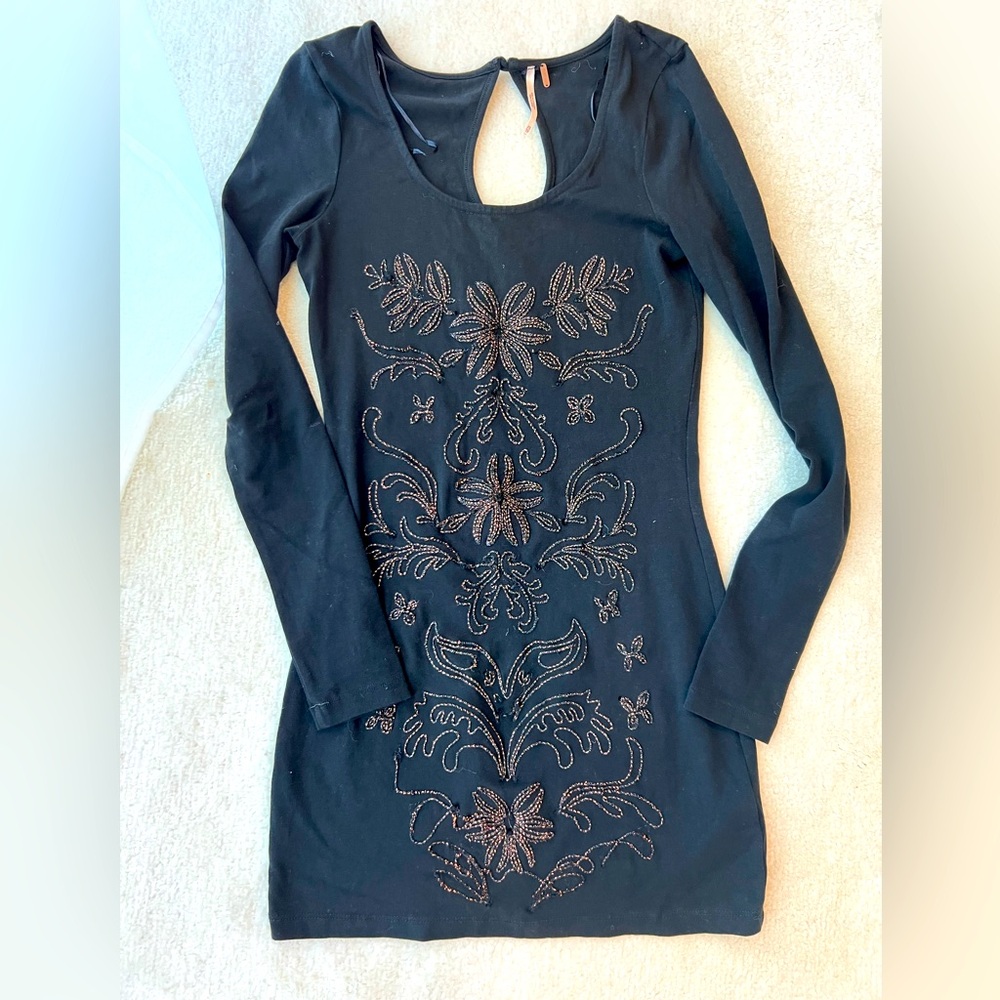 Free People Black Long Sleeve Dress with Embellishments